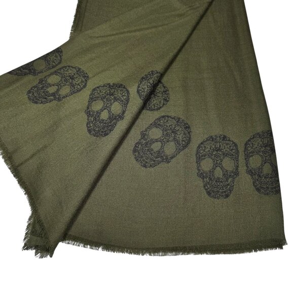 Blue Pacific Cashmere Blend Scarf Skull Print Green Large Square Grunge Goth - Picture 7 of 10